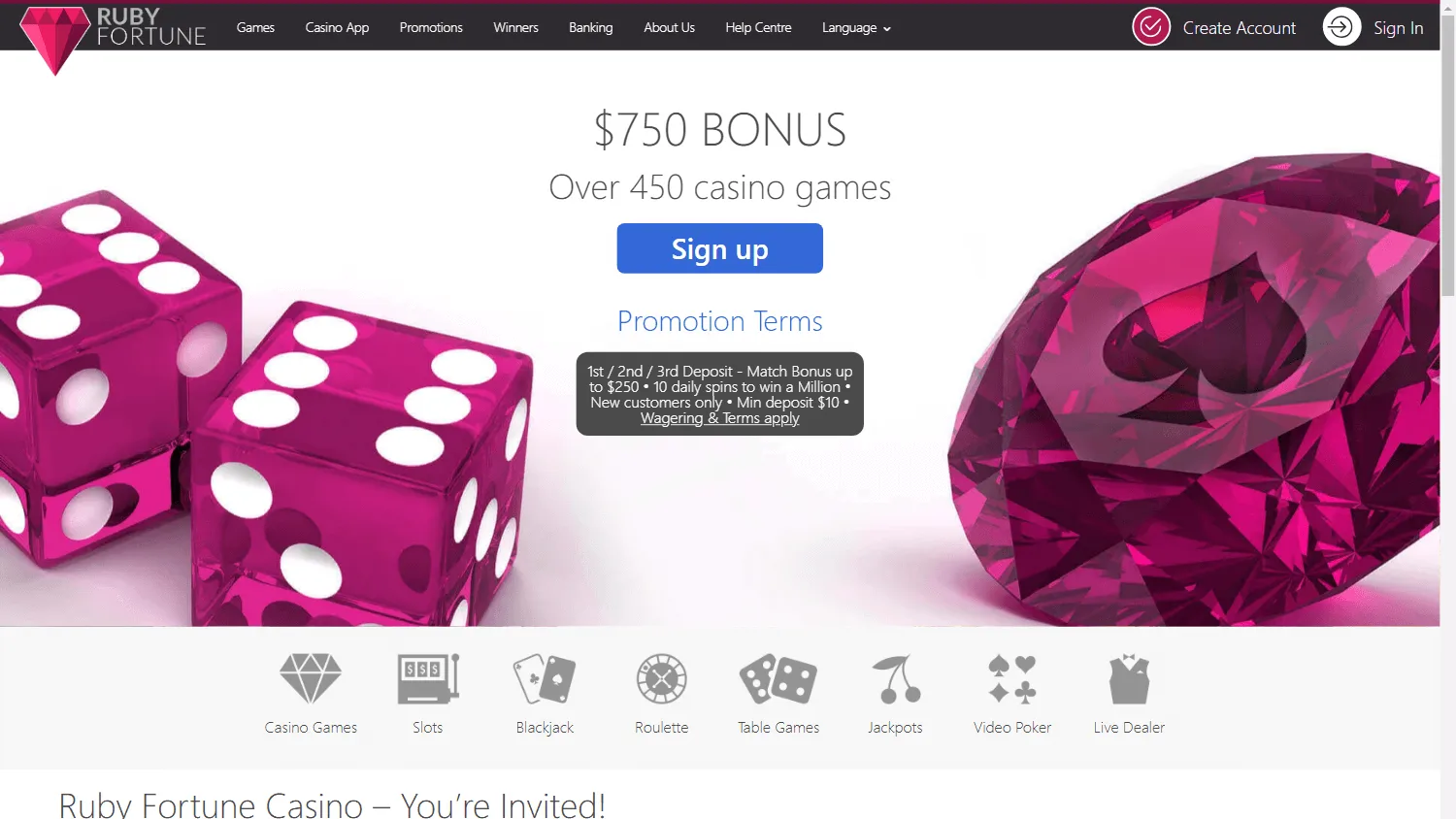 Ruby Fortune Casino desktop home view