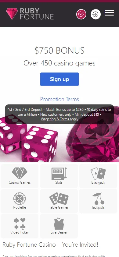 Ruby Fortune Casino mobile home view