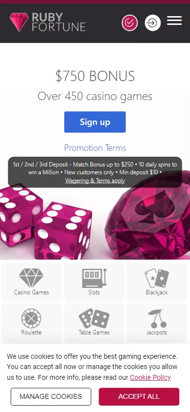 Ruby Fortune Casino mobile promotions view